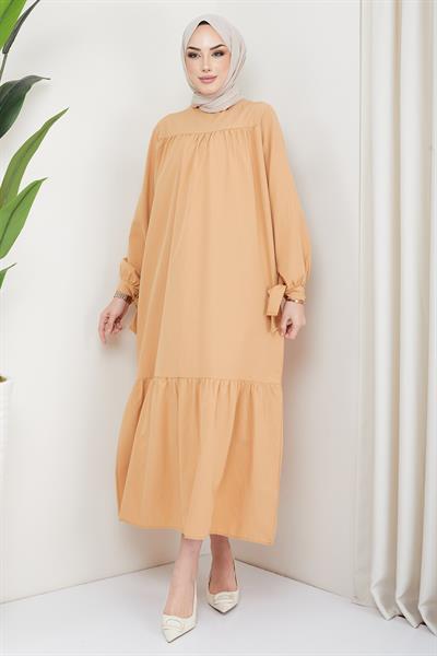 Robalı Kol Ucu Bağlamalı Elbise Camel