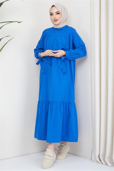Robalı Kol Ucu Bağlamalı Elbise İndigo