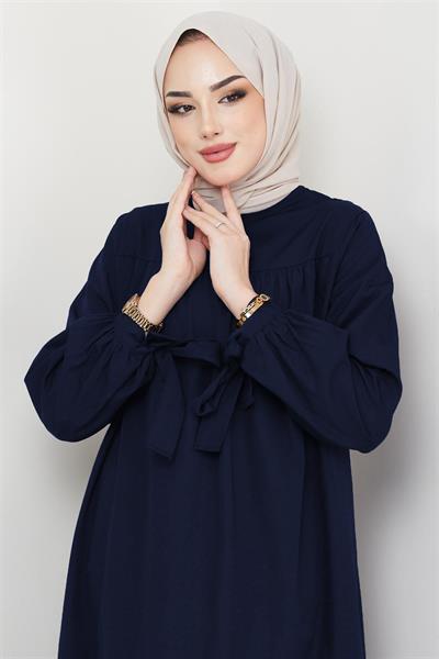 Robalı Kol Ucu Bağlamalı Elbise Lacivert HM2081