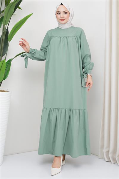 Robalı Kol Ucu Bağlamalı Elbise Mint HM2081