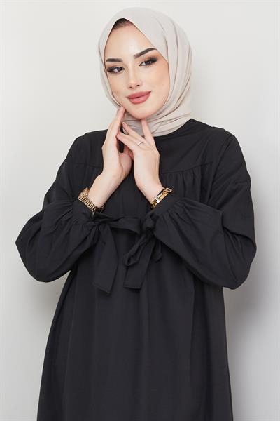 Robalı Kol Ucu Bağlamalı Elbise Siyah