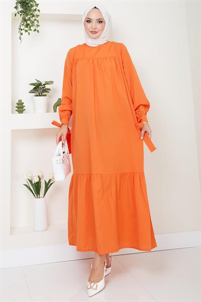 Robalı Kol Ucu Bağlamalı Elbise Turuncu HM2081