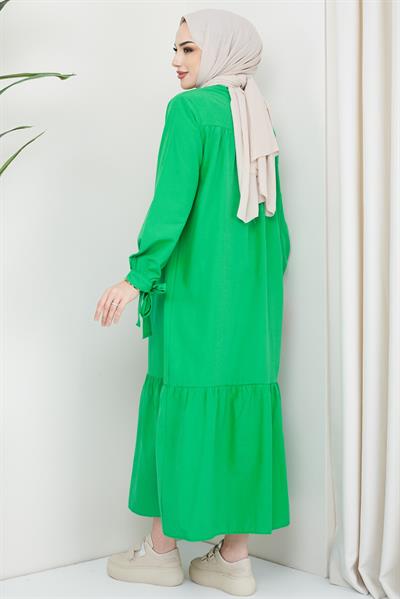 Robalı Kol Ucu Bağlamalı Elbise Yeşil