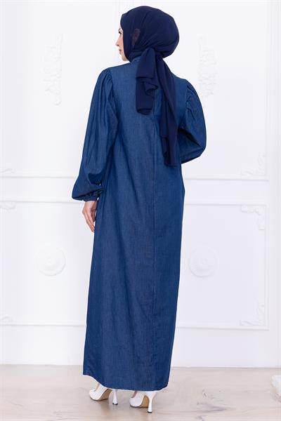 Robalı Kot Elbise HM2771 Koyu Mavi