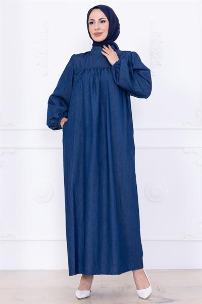 Robalı Kot Elbise HM2771 Koyu Mavi