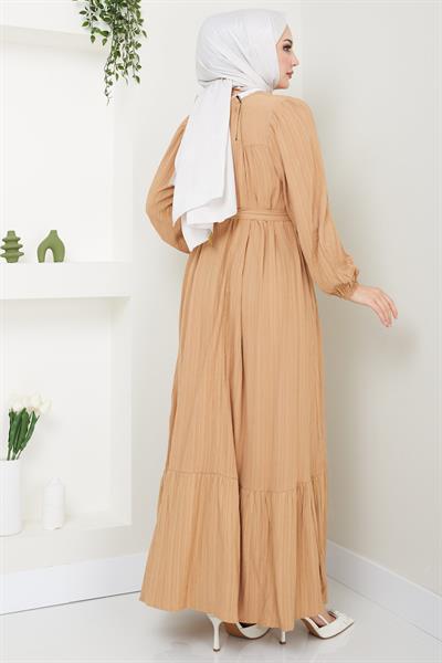 Robalı Kuşaklı Elbise Camel HM2451