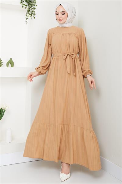 Robalı Kuşaklı Elbise Camel HM2451