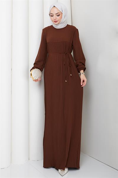 Robalı Piliseli Ayrobin Elbise Kahverengi HM2872