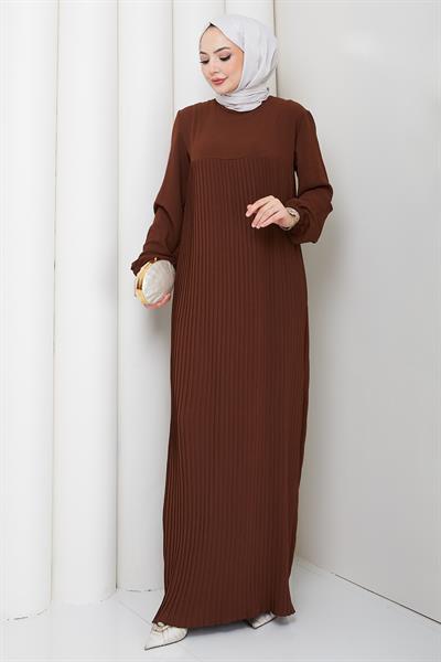 Robalı Piliseli Ayrobin Elbise Kahverengi HM2872