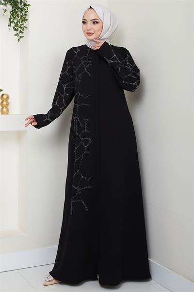 Sahra Taşlı Büyük Beden Ferace Siyah HM2712