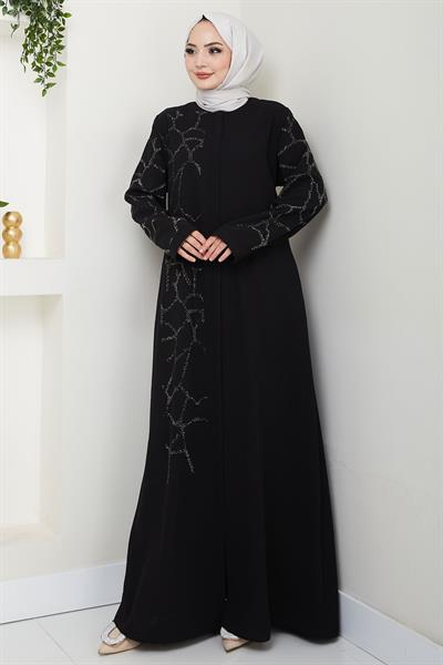 Sahra Taşlı Büyük Beden Ferace Siyah HM2712