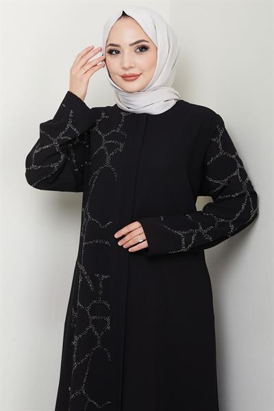 Sahra Taşlı Büyük Beden Ferace Siyah HM2712