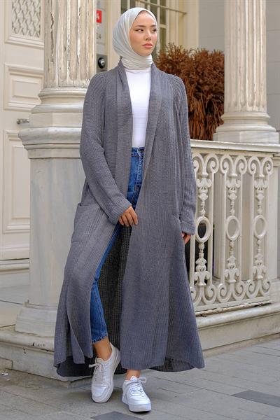 Şal Yaka Cepli Triko Hırka Antrasit HM2243