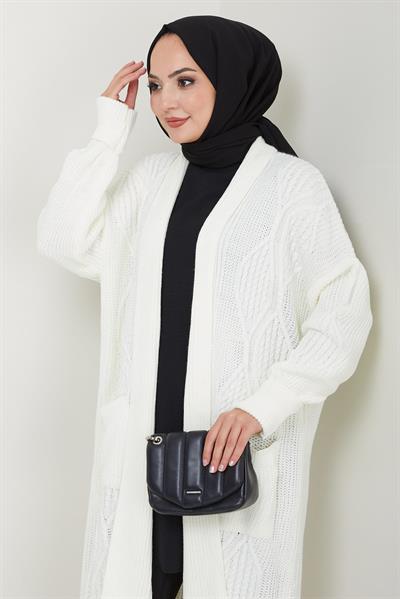 Şal Yaka Cepli Triko Hırka Beyaz HM2534