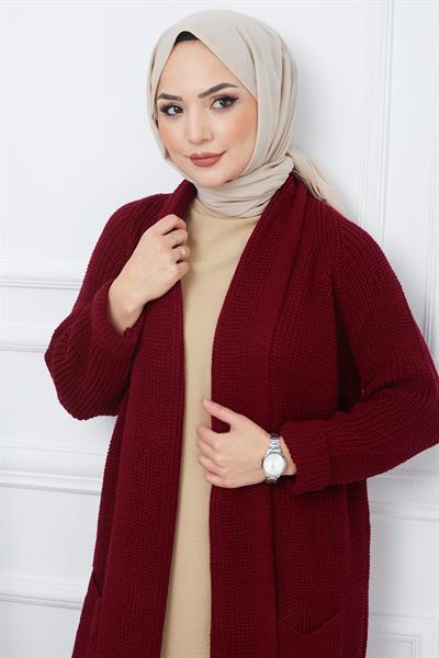 Şal Yaka Cepli Triko Hırka Bordo HM2243