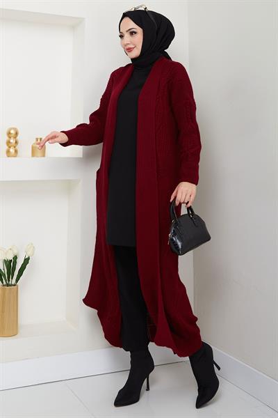 Şal Yaka Cepli Triko Hırka Bordo HM2534