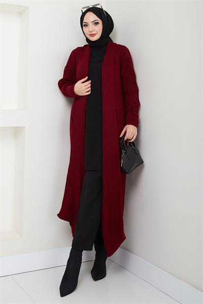 Şal Yaka Cepli Triko Hırka Bordo HM2534