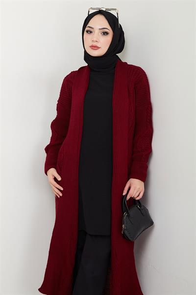 Şal Yaka Cepli Triko Hırka Bordo HM2534