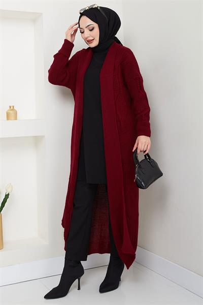 Şal Yaka Cepli Triko Hırka Bordo HM2534