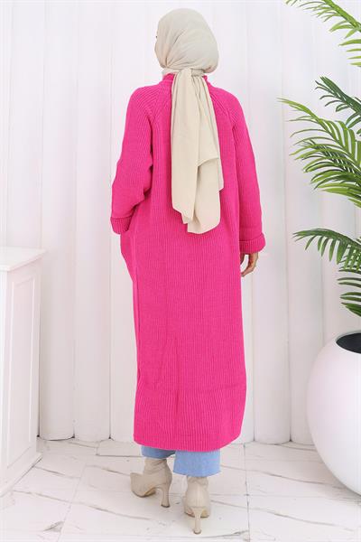 Şal Yaka Cepli Triko Hırka Fuşya HM2243