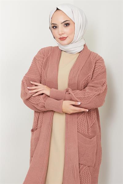 Şal Yaka Cepli Triko Hırka Gül Kurusu HM2534