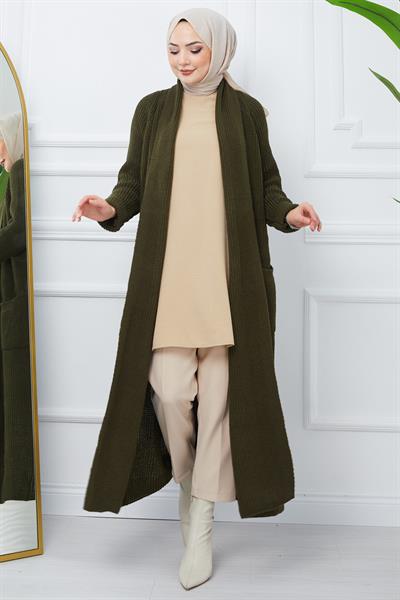 Şal Yaka Cepli Triko Hırka Haki HM2243