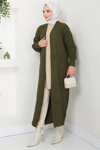 Şal Yaka Cepli Triko Hırka Haki HM2534