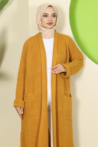 Şal Yaka Cepli Triko Hırka Hardal HM2243