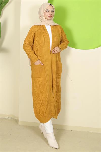 Şal Yaka Cepli Triko Hırka Hardal HM2534