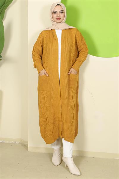 Şal Yaka Cepli Triko Hırka Hardal HM2534