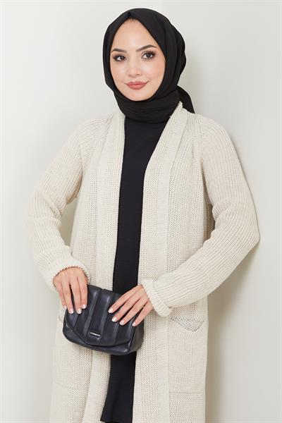 Şal Yaka Cepli Triko Hırka Krem HM2243