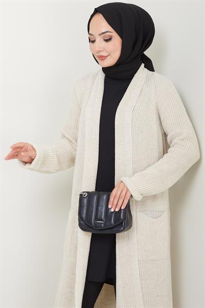 Şal Yaka Cepli Triko Hırka Krem HM2243