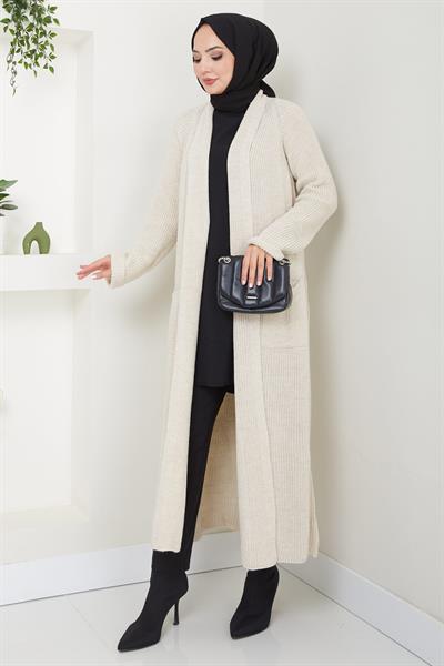 Şal Yaka Cepli Triko Hırka Krem HM2243