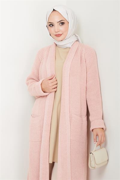 Şal Yaka Cepli Triko Hırka Pudra HM2243