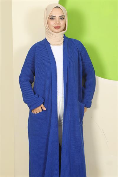 Şal Yaka Cepli Triko Hırka Saks HM2243