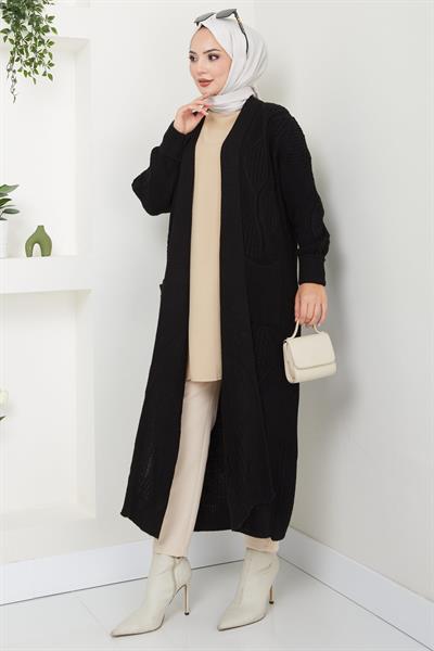 Şal Yaka Cepli Triko Hırka Siyah HM2534