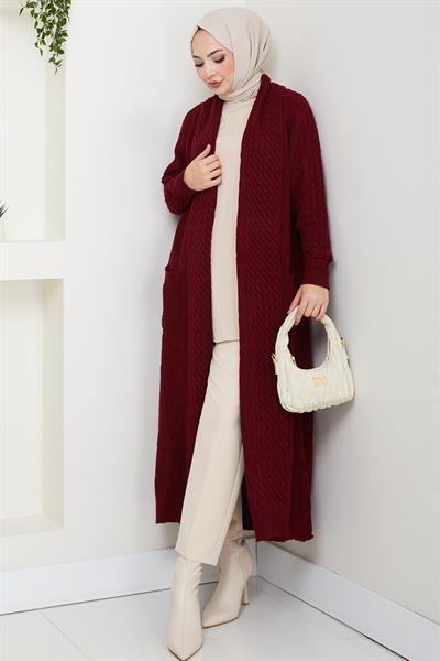 Şal Yaka Salaş Triko Hırka Bordo HM2248