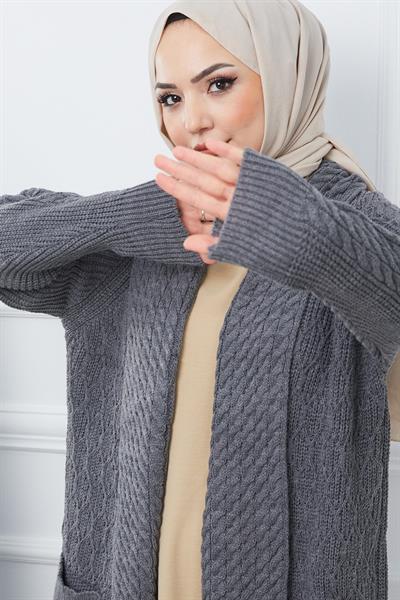 Şal Yaka Salaş Triko Hırka Füme HM2248