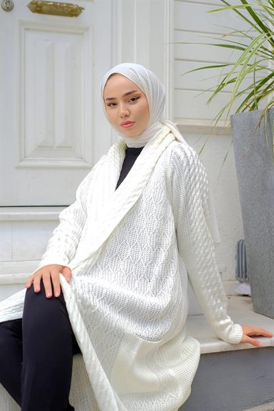 Şal Yaka Salaş Triko Hırka Krem HM2248