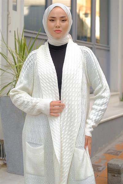 Şal Yaka Salaş Triko Hırka Krem HM2248