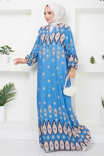 Sare Düğmeli Viskon Elbise Mavi HM2502