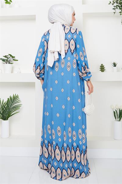 Sare Düğmeli Viskon Elbise Mavi HM2502