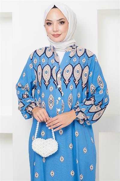 Sare Düğmeli Viskon Elbise Mavi HM2502