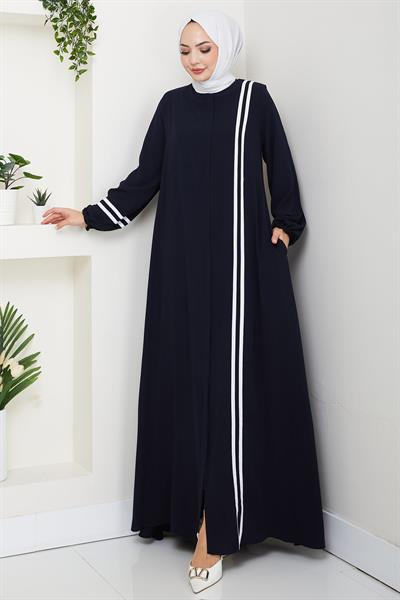 Şerit Detaylı Ferace Lacivert HM2846