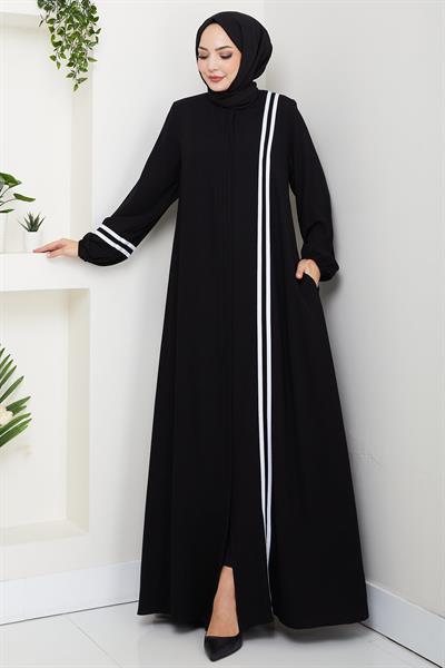 Şerit Detaylı Ferace Siyah HM2846