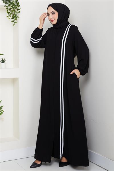 Şerit Detaylı Ferace Siyah HM2846