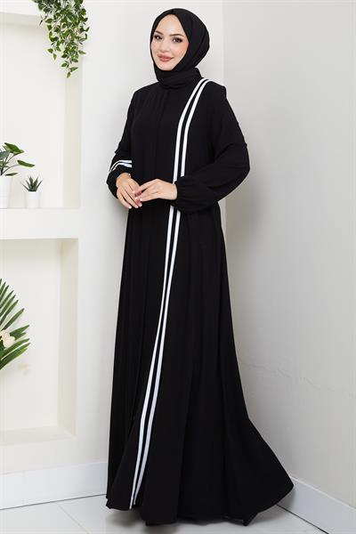 Şerit Detaylı Ferace Siyah HM2846