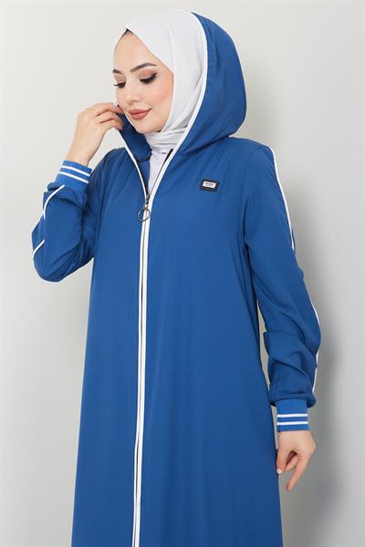 Şeritli Biye Detaylı Ferace İndigo HM2151