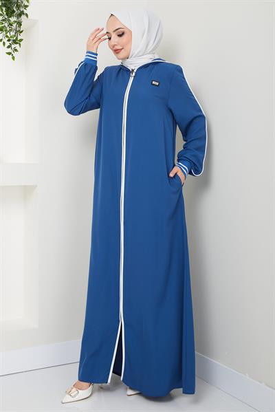 Şeritli Biye Detaylı Ferace İndigo HM2151