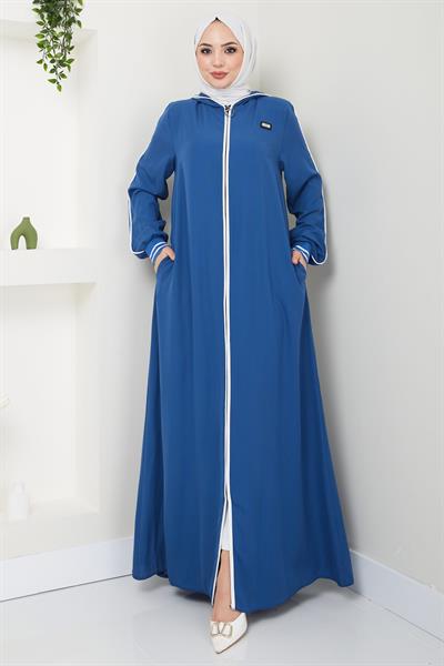 Şeritli Biye Detaylı Ferace İndigo HM2151